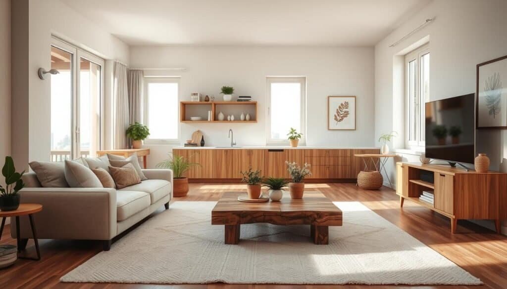 A serene, neutral living room apartment featuring a harmonious blend of natural and wooden elements. In the foreground, a light-colored, textured area rug anchors a cozy seating arrangement with a plush, beige sofa adorned with soft cushions in earthy tones. A rustic coffee table made of reclaimed wood sits centrally, surrounded by a few potted plants. In the middle ground, large windows flood the space with bright, natural light, highlighting the warm wooden accents in the cabinetry and open shelving filled with curated decor. The background reveals a softly painted wall, adorned with simple artwork that complements the color palette. The overall atmosphere is inviting and airy, fostering a sense of tranquility and cohesiveness, perfect for a modern living environment. The scene is captured with soft sunlight filtering through the windows, emphasizing warmth and comfort.