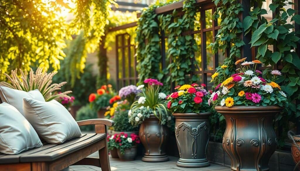 A serene outdoor corner featuring a blend of seasonal plants, including vibrant flowers and lush greenery, carefully arranged in stylish pots. In the foreground, a rustic wooden bench draped with soft, pastel cushions invites relaxation. The middle ground showcases elegant planters overflowing with colorful blooms, with intricate woodworking details enhancing the aesthetic. A gentle breeze rustles the leaves in the background, where a soft-focus trellis covered in climbing vines creates depth. The scene is illuminated by warm, golden sunlight filtering through the leaves, casting delicate shadows on the ground. The mood is tranquil and inviting, perfect for a personal outdoor retreat. Capture this scene with a wide-angle lens, bringing a sense of airiness and openness to the image.
