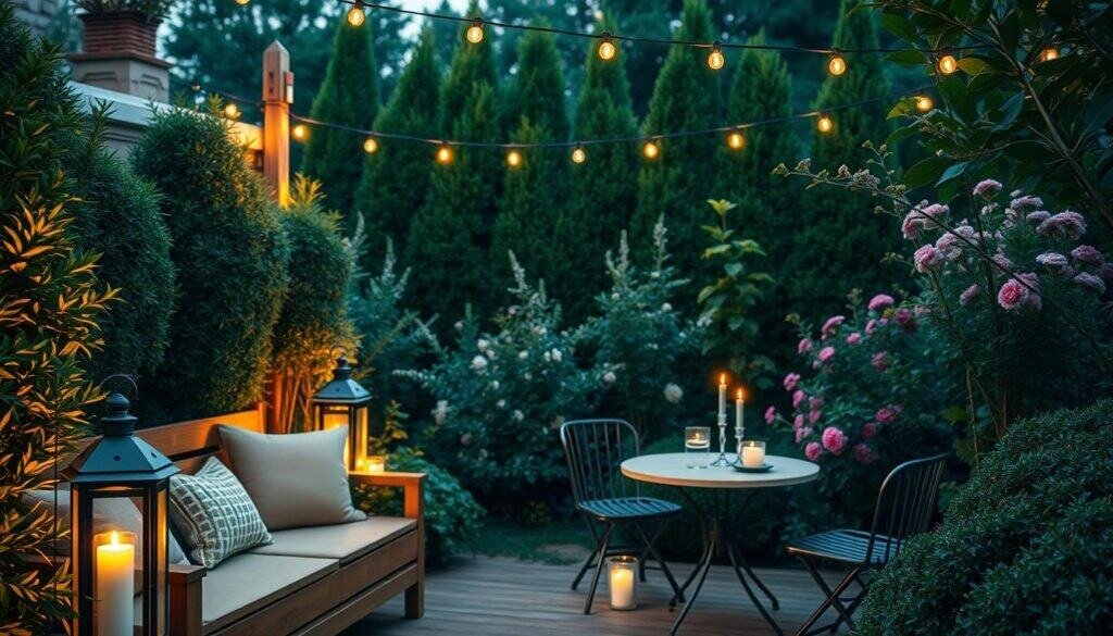 A serene outdoor corner featuring a thoughtfully designed lighting setup nestled among lush greenery. In the foreground, elegant lanterns softly illuminate a wooden seating area adorned with plush cushions. The middle ground showcases a charming table set for two, with candles flickering gently in the warm evening light. In the background, tall shrubs and flowering plants create a natural backdrop, softly glowing under string lights that crisscross above, casting a magical ambiance. The scene is bathed in soft sunlight, enhancing the vibrant greens of the foliage. The atmosphere is calm and inviting, perfect for relaxation and intimate gatherings, captured with a wide-angle lens to emphasize depth and tranquility.