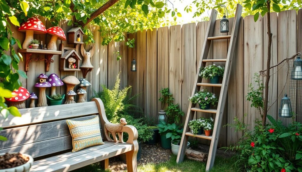 A serene outdoor corner featuring whimsical wooden decorative elements, such as intricately carved toadstools, cheerful birdhouses, and playful fairy figures nestled among lush greenery. In the foreground, a weathered wooden bench invites relaxation, adorned with colorful cushions. The middle ground showcases a quaint wooden ladder leaning against a tree, decorated with potted plants and hanging lanterns. The background reveals soft sunlight filtering through the leaves, casting dappled shadows on the rustic wooden fence. The atmosphere is bright and airy, evoking a sense of enchantment and tranquility, perfectly suited for transforming quiet spaces into inviting retreats. The image should be captured from a slightly elevated angle to emphasize depth and perspective, bathed in natural light to enhance the rich textures of the wood and foliage.