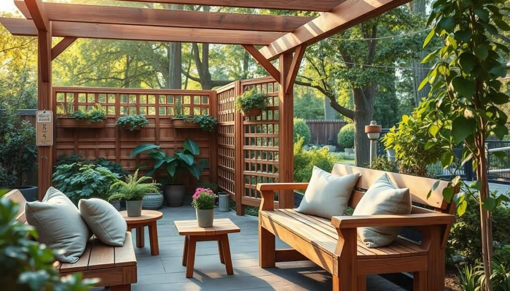 A serene outdoor corner transformed with eco-friendly wood projects. In the foreground, showcase a beautifully crafted wooden bench made from reclaimed wood, adorned with plush cushions in natural tones. Next to it, a small wooden table holds a potted fern and a few brightly colored flowers. In the middle ground, there's a rustic wooden pergola adorned with hanging planters filled with herbs, providing a touch of greenery, while wooden lattice screens add privacy. The background features a lush garden, bathed in soft, warm sunlight that filters through the trees, creating a tranquil atmosphere. The entire scene should evoke a sense of peace and functionality, perfect for enjoying quiet moments outdoors, captured with a wide-angle lens to emphasize space and depth.