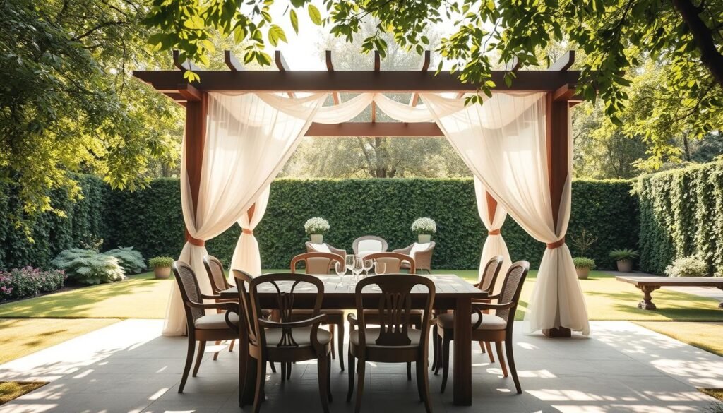 A serene outdoor dining structure set against a lush, green garden backdrop. In the foreground, a beautifully crafted wooden dining table with elegant chairs is accented with soft, pastel-colored cushions. The middle ground features a stylish pergola draped with sheer white curtains, creating a cozy atmosphere. Soft sunlight filters through the foliage, casting dappled light onto the scene, enhancing the sense of openness and tranquility. In the background, a well-maintained lawn with potted plants and subtle decorative elements adds depth. The overall mood is inviting and relaxed, perfect for gatherings. The image is shot from a slight angle to capture both the dining setup and the surrounding landscape, emphasizing the fusion of nature and craftsmanship.