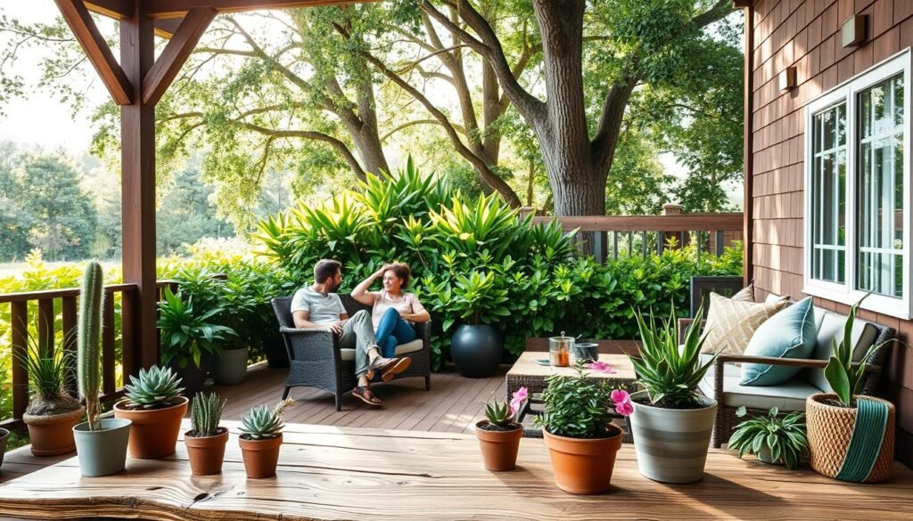 A serene outdoor living space that harmoniously blends wood and plants, showcasing a charming wooden deck surrounded by lush greenery. In the foreground, a rustic wooden table is adorned with potted succulents and blooming flowers. The middle ground features comfortable, modestly dressed individuals enjoying the space, seated on stylish outdoor furniture, engaging in relaxed conversation. In the background, tall trees and vibrant bushes create a natural privacy screen, while soft sunlight filters through the leaves, casting gentle shadows. The atmosphere feels inviting and tranquil, with an overall sense of harmony between the wooden elements and the vibrant plant life. The image captures the essence of a warm, cozy retreat, perfect for enjoying nature.