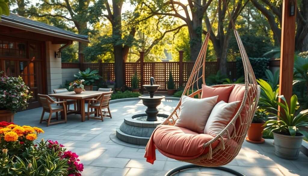 A serene outdoor oasis design featuring a cozy patio with a rustic wooden table and comfortable chairs, surrounded by lush greenery and colorful flower beds. In the foreground, a vibrant hanging chair draped in soft cushions invites relaxation. The middle ground showcases a small decorative water fountain, creating a soothing sound, accompanied by potted plants. In the background, tall trees provide shade, with soft sunlight filtering through the leaves, casting gentle patterns on the ground. The atmosphere is tranquil and inviting, perfect for unwinding. The scene is captured from a slightly elevated angle, emphasizing the spaciousness, with a focus on warm, natural lighting to enhance the welcoming mood.