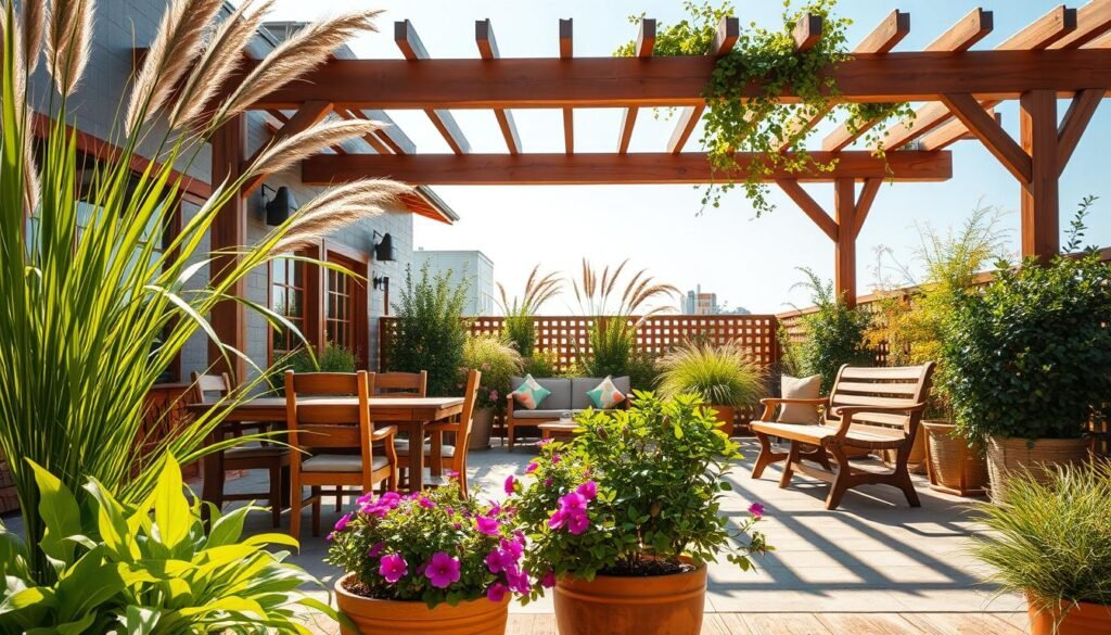 A serene outdoor patio featuring beautifully crafted wooden elements, such as a rustic dining table surrounded by elegant chairs, a stylish wooden bench, and a charming wood lattice adorned with climbing plants. In the foreground, vibrant potted plants overflow with lush greenery and colorful blooms. The middle ground captures the inviting patio space framed by tall, swaying grasses and ornamental shrubs, with soft sunlight dappling through the leaves. In the background, a clear blue sky enhances the fresh, natural atmosphere. The scene is bathed in warm, golden light, creating a tranquil and inviting mood perfect for relaxation. Shot with a wide-angle lens to emphasize the spaciousness, highlighting the harmonious blend of wood and nature.