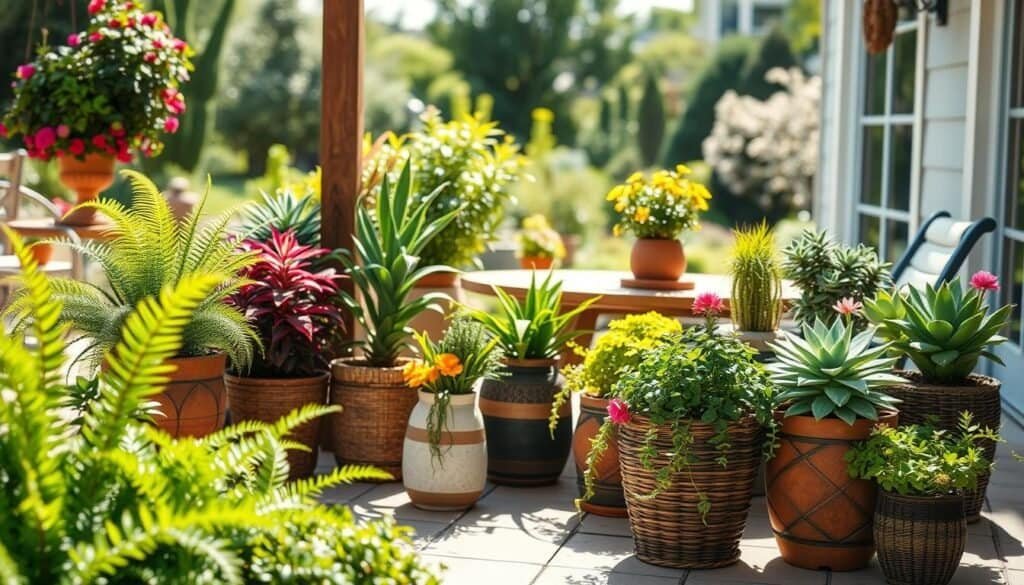 A serene outdoor patio scene featuring an array of vibrant plants in decorative pots. In the foreground, showcase a variety of greenery, including lush ferns, colorful flowering plants, and succulents, all arranged artfully in stylish ceramic and woven baskets. The middle ground should include a well-maintained wooden patio table adorned with a few additional potted plants, creating a welcoming atmosphere. In the background, capture a gently blurred landscape of a sunlit garden, emphasizing the bright natural light and soft sunlight filtering through leaves. Use a wide-angle lens to heighten the sense of space and airiness, evoking a calm and refreshing mood perfect for rejuvenation and relaxation.