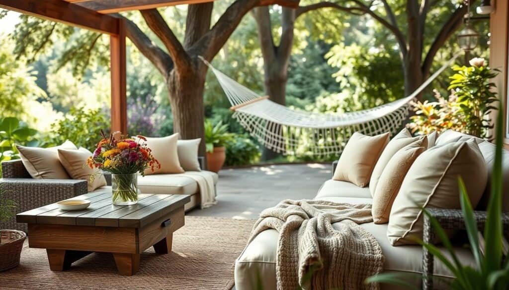 A serene outdoor sanctuary, beautifully furnished for maximum comfort. In the foreground, a plush sectional sofa adorned with soft, weather-resistant cushions in calming earth tones. A rustic wooden coffee table holds a vase of colorful wildflowers. In the middle ground, a stylish woven rug anchors the seating area, while a hammock sways gently between two trees. In the background, lush greenery and flowering plants create a tranquil atmosphere. The scene is bathed in soft sunlight, casting gentle shadows and highlighting textures. A cozy throw blanket is draped over the sofa, inviting relaxation. Capture this peaceful retreat from a slightly elevated angle to emphasize depth and the lush surroundings, evoking a sense of tranquility and inviting one to unwind in nature's embrace.