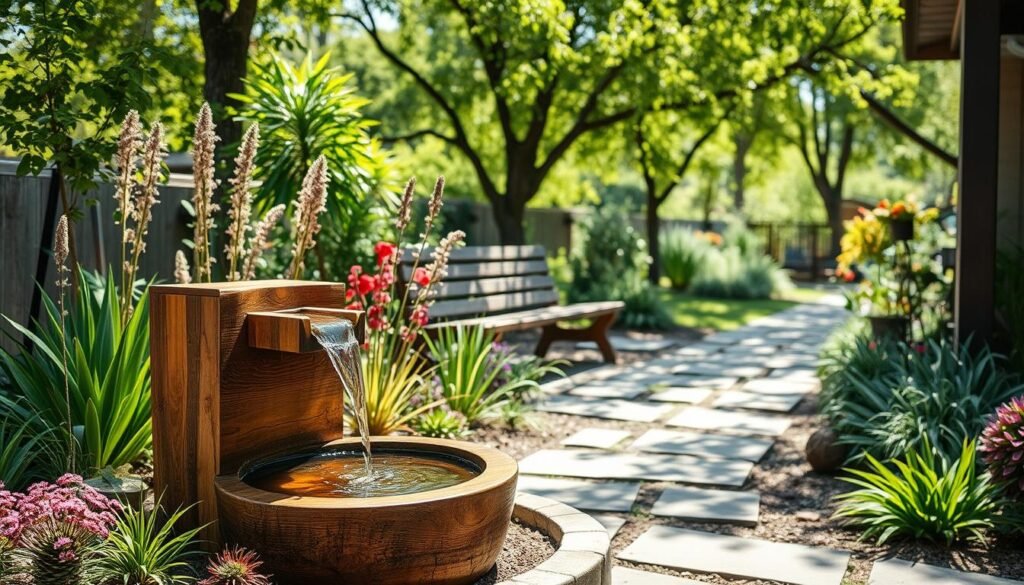 A serene outdoor scene featuring an eco-friendly water feature designed with natural materials. In the foreground, a beautifully crafted wooden water fountain, made from reclaimed wood, gently trickles water into a small stone basin. Surrounding the fountain, lush greenery and colorful native plants create a tranquil atmosphere. In the middle ground, a rustic wooden bench invites relaxation, positioned to enjoy the calming sound of flowing water. In the background, sun-dappled trees filter soft sunlight, casting playful shadows on a well-maintained pathway. The overall mood is peaceful and inviting, perfect for a cozy outdoor space. The scene should be captured in bright, natural light with a slightly blurred background to emphasize the water feature, creating an airy, well-lit ambiance.