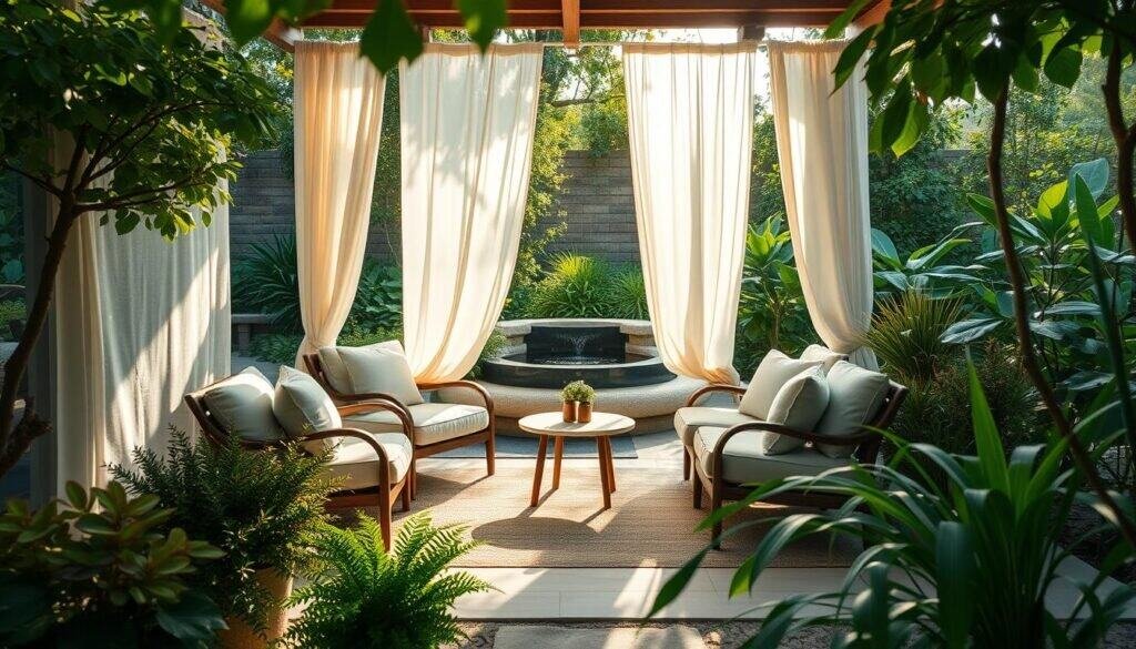 A serene outdoor seating area featuring a cozy arrangement of soft, cushioned chairs and a small round table, nestled in a lush, natural setting filled with greenery. The foreground includes vibrant potted plants and a woven rug that adds texture. In the middle, the seating is surrounded by gentle, flowing curtains that catch the soft sunlight filtering through nearby trees, creating a warm and inviting atmosphere. The background showcases a variety of leafy plants, softly diffused light, and a calming water feature, enhancing the tranquility of the scene. Capture this setting with a wide-angle perspective, highlighting the interplay of light and nature, evoking relaxation and comfort. The overall mood is peaceful and rejuvenating, perfect for unwinding outdoors.