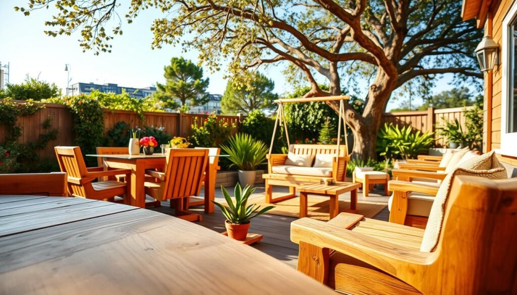 A serene outdoor setting featuring a variety of wood furniture pieces, such as a rustic dining table surrounded by comfortable chairs, a swinging bench, and an inviting lounge area with plush cushions. The scene is bathed in warm, soft sunlight, enhancing the natural grain and texture of the wood. In the foreground, close-up details of the furniture's craftsmanship, showcasing smooth finishes and organic shapes. The middle ground presents a cozy gathering space adorned with potted plants and a woven outdoor rug, adding warmth and charm. In the background, a lush garden with vibrant greenery complements the wooden elements, creating a harmonious atmosphere. Capture this inviting space from a slight angle to convey depth, with a clear blue sky peeking through the tree branches, evoking a tranquil and welcoming mood.