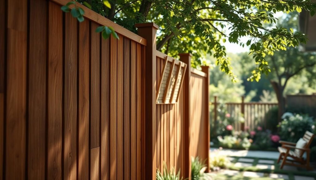 A serene outdoor setting featuring an elegant wooden privacy fence made of rich, natural timber. In the foreground, show textured wooden panels, intricately arranged to create a modern yet rustic design, interspersed with greenery. In the middle ground, include soft, dappled sunlight filtering through the leaves of nearby trees, illuminating the fence and enhancing its warm hues. The background should have a blurred garden scene with blooming flowers and a small wooden bench, conveying a peaceful atmosphere. Capture the image with a slightly elevated angle, showcasing the privacy features in detail while emphasizing the surrounding nature. Aim for bright and airy lighting to evoke a sense of tranquility and relaxation.