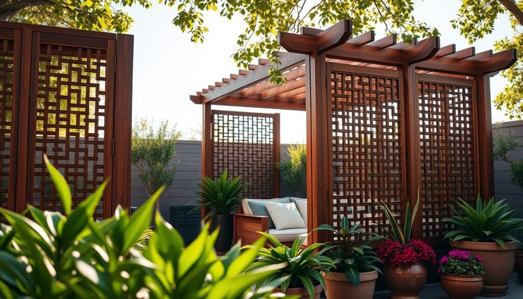 A serene outdoor setting featuring elegant wooden privacy screens, crafted from rich, natural wood with intricate patterns and finishes. In the foreground, showcase lush greenery and colorful potted plants that enhance the inviting atmosphere. The middle ground includes a cozy seating area with soft cushions, inviting relaxation behind the attractive screens that provide shade and privacy. The background features a clear blue sky, softly illuminated by warm, natural sunlight filtering through leafy branches. Capture this scene from a slightly elevated angle to emphasize the design and texture of the wooden structures, and convey a calm and welcoming mood, ideal for an outdoor retreat. The overall lighting should be bright and airy, creating a tranquil ambiance.