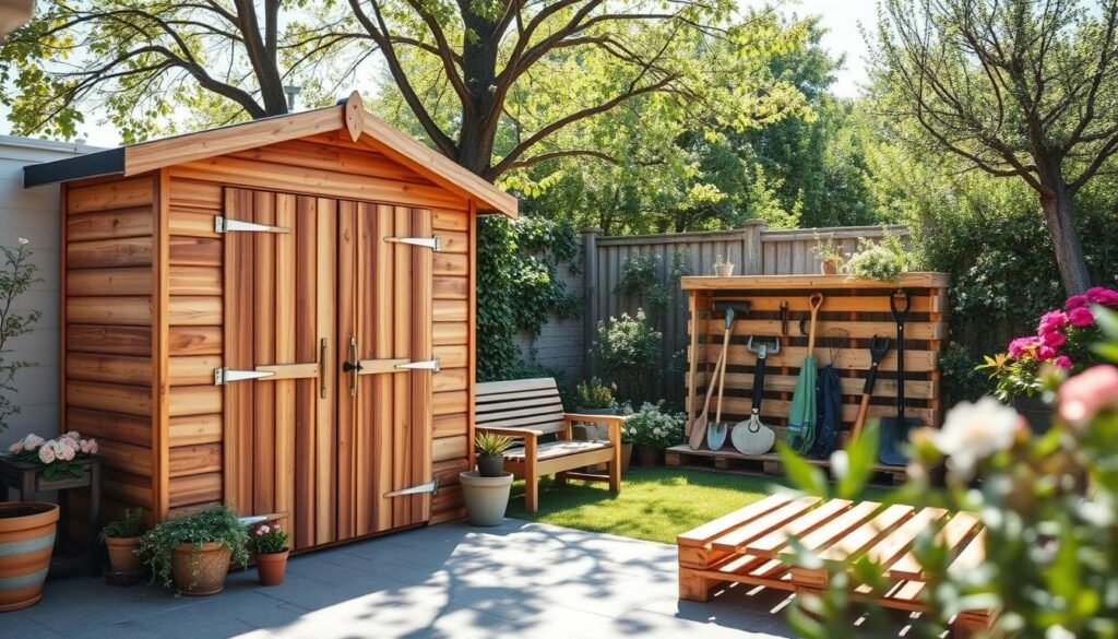 A serene outdoor setting featuring practical wooden storage solutions for an organized space. In the foreground, display a well-constructed, rustic wooden shed with double doors, surrounded by potted plants and a small outdoor bench. The middle ground includes a wooden pallet storage area holding garden tools, neatly arranged and easily accessible. In the background, a sun-drenched garden with blooming flowers and lush greenery illustrates a tranquil atmosphere. Soft sunlight filters through trees, casting gentle shadows, while the overall scene is bright and airy, emphasizing comfort and functionality. Capture the image with a wide-angle lens to highlight the harmonious integration of storage solutions in a stylish outdoor environment.