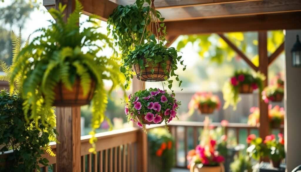 A serene outdoor setting featuring several hanging baskets filled with lush greenery, including ferns, trailing ivy, and vibrant petunias. In the foreground, the softly textured wooden deck or patio adds warmth, while the baskets gracefully dangle from a rustic wooden pergola above. The middle ground captures the soft sunlight filtering through the leaves, creating dappled light patterns on the plants below. In the background, a blurred garden scene with soft focus contributes to an airy and tranquil atmosphere. The lighting is bright and natural, enhancing the vivid colors of the plants. The overall mood is inviting and peaceful, perfect for a quiet outdoor corner designed for relaxation. Aim for a realistic depiction with a focus on detail and composition, capturing the beauty and creativity of container gardening in limited spaces.