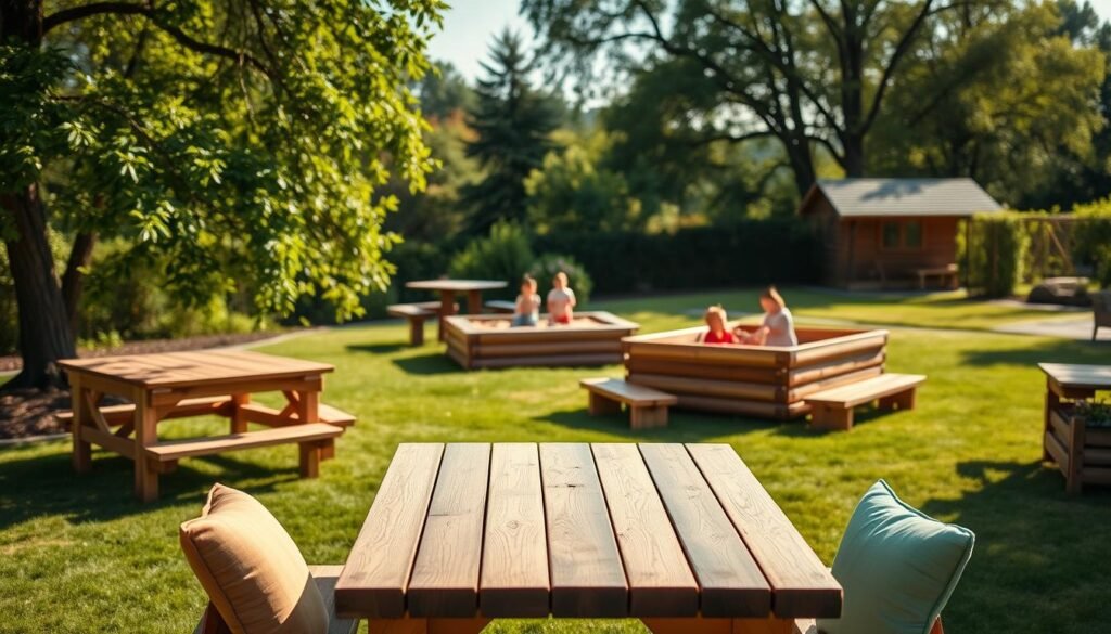 A serene outdoor setting showcasing family-friendly wood projects designed for comfort and functionality. In the foreground, a beautifully crafted wooden picnic table surrounded by colorful cushions and a set of sturdy wooden benches. In the middle ground, a rustic wooden sandbox with children playing, emphasizing safety and enjoyment. In the background, lush green trees and a soft blue sky, with warm, inviting sunlight casting gentle shadows across the scene. The overall atmosphere is cheerful and inviting, reflecting a perfect family gathering space. The image captures the essence of outdoor woodworking, with an emphasis on detailed craftsmanship and a harmonious relationship with nature. The lighting is bright and natural, creating an airy, well-lit scene.