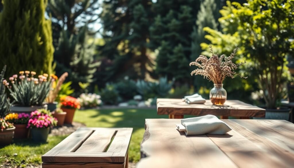 A serene outdoor setting showcasing sustainable wood décor in a landscaped garden. In the foreground, a rustic wooden bench made from reclaimed wood invites relaxation, surrounded by vibrant potted plants and blooming flowers. The middle ground features an artisan-crafted wooden table adorned with simple, handcrafted items like a vase filled with wildflowers and a few textured cloth napkins. In the background, tall evergreen trees and soft greenery create a natural frame, with sunlight filtering through the leaves, casting dappled shadows on the ground. The scene is illuminated by bright natural light, enhancing the warm tones of the wood and the freshness of the natural materials, evoking a peaceful and inviting atmosphere. The perspective is slightly elevated, capturing the harmonious blend of décor and nature.
