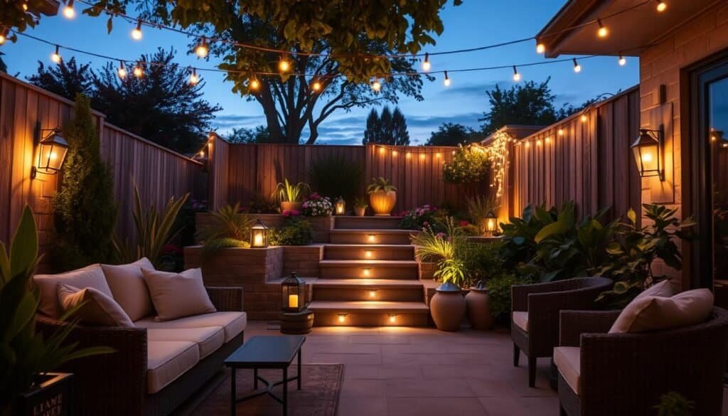 A serene outdoor space elegantly illuminated by various lighting techniques. In the foreground, a beautifully arranged patio area with comfortable, modestly dressed seating, surrounded by glowing string lights and strategically placed lanterns. In the middle ground, subtle recessed lighting emanates from the steps leading to a lush garden filled with vibrant flowers and leafy plants, casting gentle shadows. The background features a rustic wooden fence draped with soft fairy lights, creating a cozy atmosphere. The scene is bathed in warm, inviting light, evoking a calm and peaceful evening ambiance, with twilight colors enhancing the sky. Capture this tranquil setting with a wide-angle lens to encompass the full depth of the relaxing outdoor space.