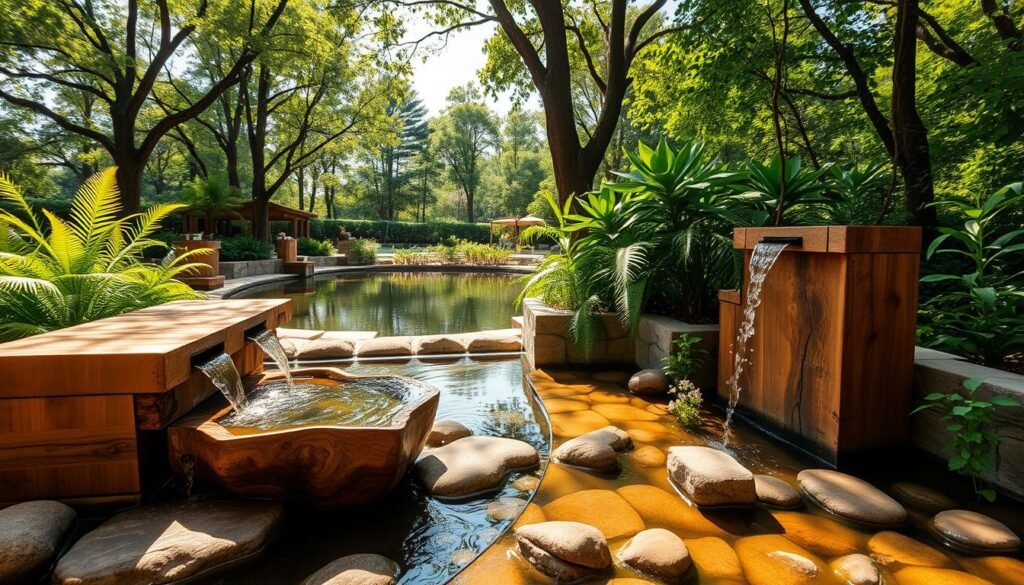 A serene outdoor space featuring eco-friendly water features made primarily of natural wood. In the foreground, beautifully crafted wooden water fountains with gentle streams of water cascading over smooth, rounded stones. The middle ground showcases lush greenery, including ferns and small flowering plants, providing a vibrant contrast to the wood. In the background, a tranquil pond reflects the surrounding trees and sky, while soft sunlight filters through the leaves, creating dappled light patterns on the ground. The atmosphere is calm and inviting, ideal for relaxation. The scene should be captured in bright, natural light with a warm tone, using a wide-angle lens to convey depth and openness, evoking a sense of harmony with nature.
