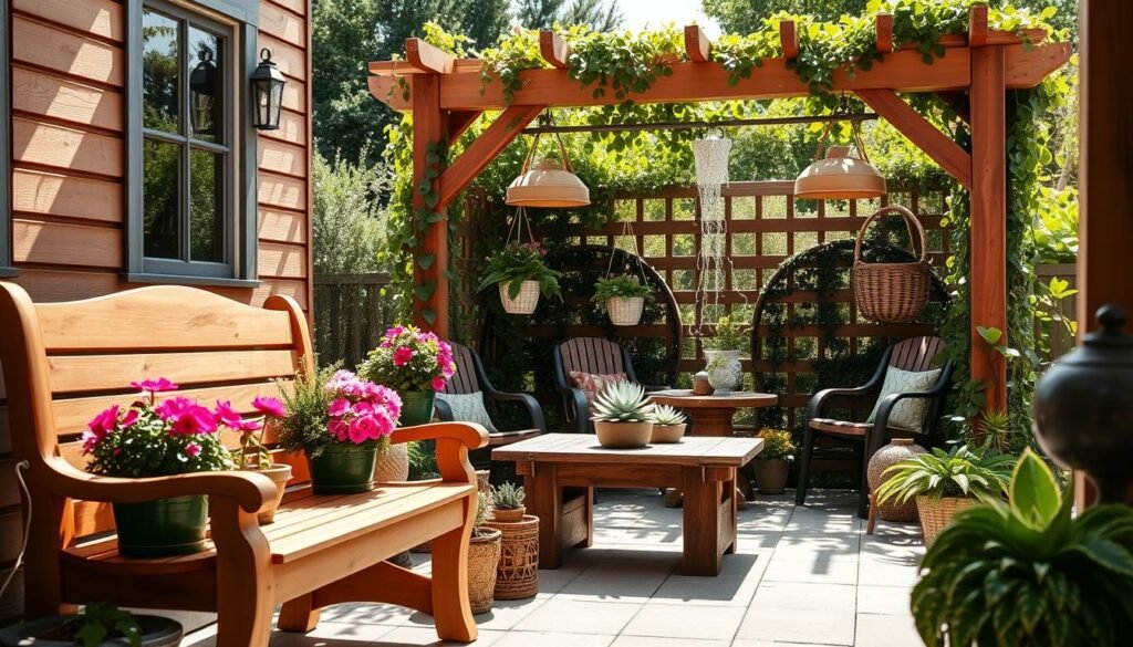 A serene outdoor space featuring stylish wood and plant decor ideas for porches and patios. In the foreground, a beautifully crafted wooden bench adorned with vibrant potted flowers and greenery, with soft sunlight highlighting their colors. The middle grounds showcase a rustic wooden table with a centerpiece of succulents and hanging plants in wicker baskets. In the background, a charming wooden pergola draped in climbing vines creates a cozy atmosphere, surrounded by lush greenery. The scene is bathed in bright natural light, giving it an airy, well-lit feel, perfect for relaxation and gatherings. The overall mood is inviting and tranquil, ideal for enhancing outdoor living spaces.