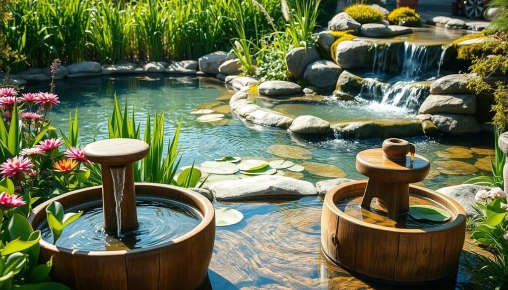 A serene outdoor space featuring various water elements designed for sensory calm. In the foreground, a rustic wooden water fountain gently flows, surrounded by lush green plants and vibrant flowers. The middle ground showcases a small pond with lily pads and delicate ripples reflecting the sunlight. In the background, a charming waterfall cascades over smooth stones into a tranquil pool, enveloped by tall grasses and soft moss. The scene is bathed in bright natural light, highlighting the refreshing blues of the water and the rich greens of the vegetation. The mood is peaceful and inviting, emphasizing relaxation and harmony with nature. The angle captures a slightly elevated perspective, offering a comprehensive view of the entire layout in a beautifully airy and well-lit setting.