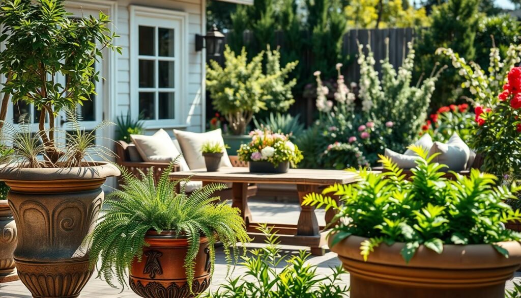 A serene outdoor space showcasing beautiful plant styling that complements a cozy home. In the foreground, elegant planters filled with lush greenery, such as ferns and succulents, create inviting focal points. The middle features a rustic wooden table adorned with a small arrangement of colorful flowering plants, surrounded by comfortable outdoor seating. In the background, a well-maintained garden with a mix of taller shrubs and delicate flowers, bathed in bright natural light and soft sunlight filtering through the leaves. The atmosphere feels relaxed and harmonious, emphasizing the ease of maintenance. The composition is captured from a slightly elevated angle to provide depth, highlighting the interplay between the plants and the home. The overall mood is inviting and tranquil, perfect for outdoor living.