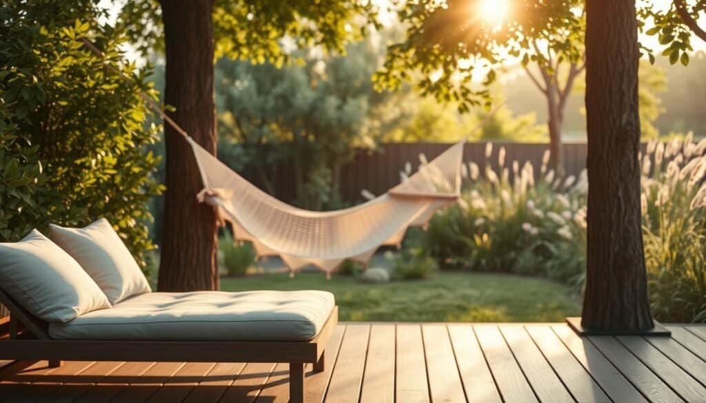 A serene outdoor space showcasing calmness, featuring a minimalist wooden deck surrounded by lush greenery. In the foreground, a comfortable, modern lounge chair adorned with soft, neutral-colored cushions invites relaxation. The middle ground reveals a gently swaying hammock draped between two trees, with ethereal sunlight filtering through the leaves, casting delicate shadows on the deck. In the background, a tranquil garden garden blooms with soft pastel flowers and tall grasses, enhancing the peaceful atmosphere. The scene captures warm, golden hour light, creating a soft glow that imbues the entire image with a sense of serenity and ease. The overall mood is tranquil and inviting, ideal for promoting outdoor calmness in design.
