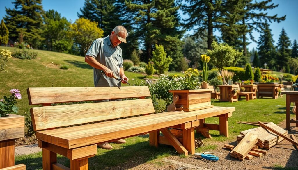 A serene outdoor woodworking scene featuring a craftsman in modest casual clothing, engaged in creating beautiful wooden benches and planters. In the foreground, showcase a partially constructed rustic bench with smooth, polished wood and intricate joinery, surrounded by various woodworking tools. The middle ground reveals lush greenery and flowering plants that enhance the natural beauty of the setting. In the background, include a gently sloping garden with tall trees and a bright blue sky. The scene is illuminated by soft, warm sunlight that casts gentle shadows, creating a relaxed and inviting atmosphere. Use a slight depth of field to focus on the craftsmanship while softly blurring the vibrant natural surroundings, evoking a sense of tranquility and connection to nature.