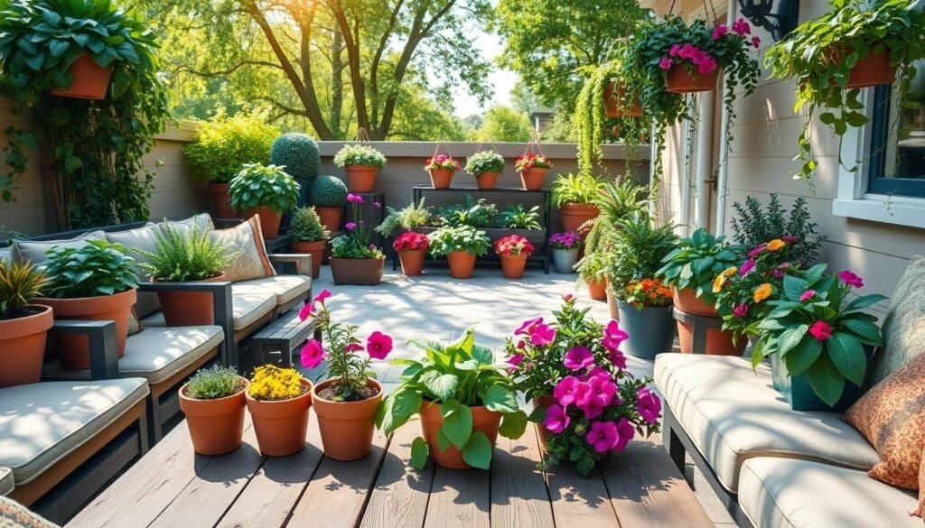 A serene patio space showcasing vibrant container gardening in various sizes and shapes, filled with lush greenery and colorful flowering plants. In the foreground, a rustic wooden table displays a series of terracotta pots bursting with herbs and petunias, surrounded by plush cushions on comfortable seating. The middle ground features a well-organized array of planters and hanging baskets adorned with trailing vines, creating a sense of depth. The background reveals a sunny sky filtering through gentle leaves of nearby trees, conveying a feeling of revitalization. The scene is illuminated by soft, natural sunlight, casting warm, inviting shadows. The angle captures the warmth and charm of an outdoor oasis perfect for relaxation and reflection.