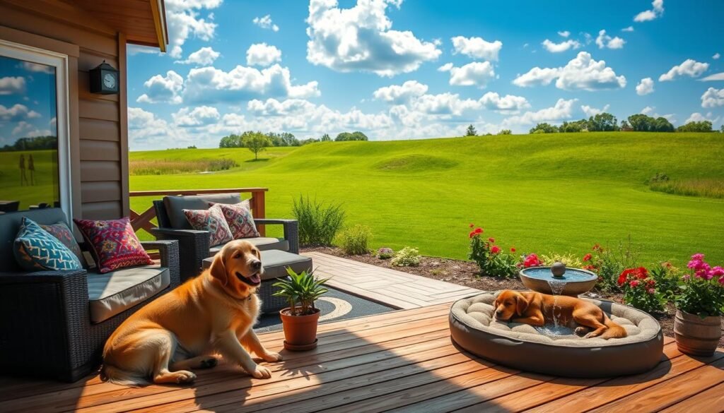 A serene pet-friendly outdoor living space featuring a cozy wooden deck adorned with plush, weather-resistant furniture. In the foreground, a happy golden retriever sits beside a comfy, colorful dog bed, next to a small potted plant. The middle ground showcases a well-maintained garden with vibrant flowers and a small fountain gently trickling water, inviting relaxation. In the background, a lush green lawn stretches out beneath a clear blue sky, dotted with fluffy white clouds. Soft sunlight bathes the scene, creating a warm and inviting atmosphere, and casting gentle shadows. The composition is captured from a slightly elevated angle to encompass the entire space, highlighting the balance of nature and comfort for both pets and their owners.