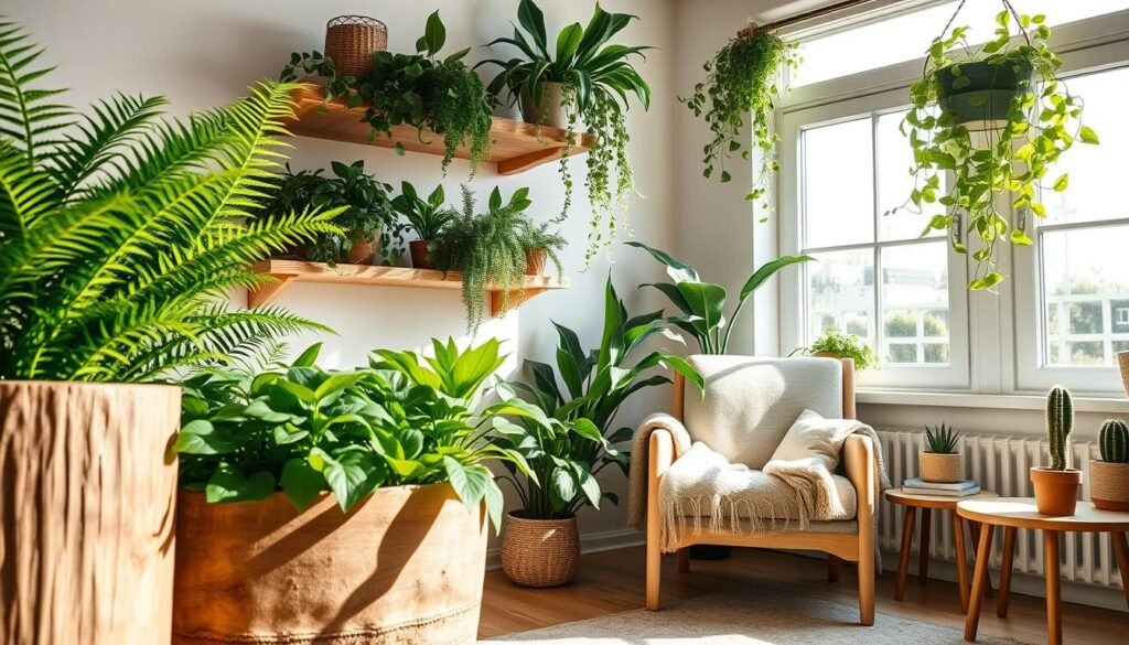 A serene plant corner in a cozy living space, featuring a variety of lush green plants like ferns, snake plants, and pothos arranged artfully on natural wooden shelves. The foreground includes a textured wooden planter, with sunlight casting soft shadows. In the middle ground, a comfortable armchair with a knit throw sits beside a wooden side table adorned with a small potted cactus. The background showcases a large window, allowing bright natural light to flood in, illuminating the peaceful scene. The overall atmosphere is calm and inviting, with a focus on earthy tones and natural textures, creating a tranquil sanctuary within the home. Shot with a wide-angle lens to capture the space's depth, under soft, diffused sunlight for a warm glow.