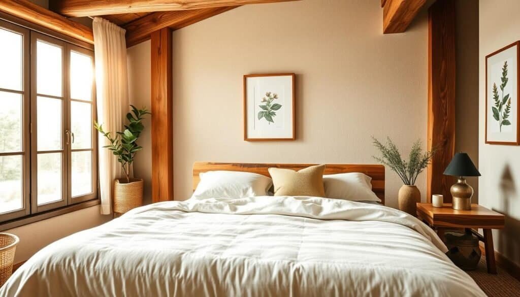 A serene rustic modern bedroom design featuring a harmonious blend of natural elements. In the foreground, a plush, neutral-colored bed adorned with soft, textured linens and cozy throw pillows. The middle showcases a reclaimed wood bed frame and a bedside table crafted from raw wood, with a small potted plant adding a touch of greenery. Warm, soft sunlight filters through large windows, illuminating the space and creating a calming atmosphere. The background reveals exposed wooden beams and a natural fiber rug, enhancing the organic feel. A hint of nature is captured through a botanical painting on the wall, all framed by a palette of earthy tones. The overall mood is tranquil and supportive, encouraging relaxation and a sense of grounding. The scene is viewed from a slightly elevated angle, showcasing depth and inviting viewers into the room.
