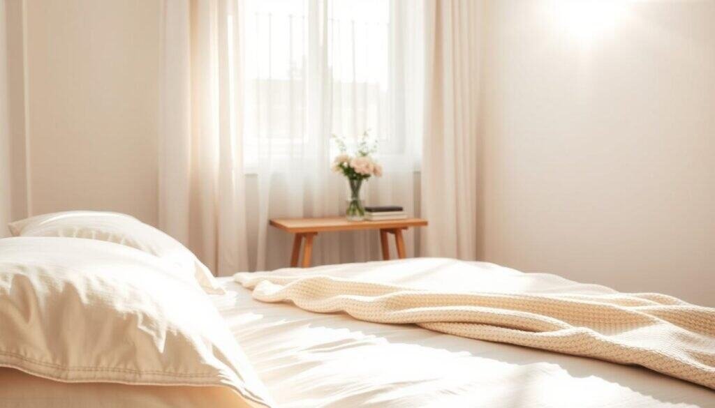 A serene single bedroom adorned with a soft, grounding detail, such as a textured throw blanket draped over a neatly made bed. The foreground features plush pillows, inviting and cozy. The middle ground showcases a stylish wooden bedside table with a delicate vase containing fresh flowers, adding a pop of color. Sunlight filters through sheer curtains, creating a warm, uplifting atmosphere. In the background, soft pastel walls complement minimalist decor, enhancing a sense of calm. Use a wide-angle lens to capture the spacious feel of the room, with bright natural light illuminating the scene, emphasizing the comfort and tranquility of the space.