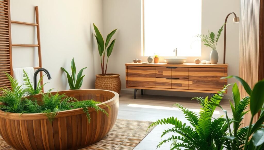 A serene spa-like bathroom featuring natural decor elements, emphasizing the calming qualities of wood and lush green plants. In the foreground, a wooden bathtub surrounded by potted plants, such as ferns and succulents, sits on a bamboo mat. The middle ground showcases a sleek wooden vanity with minimalistic design, adorned with small succulents and natural stone accents. In the background, bright natural light filters through a frosted window, casting soft rays across the room, enhancing the airy atmosphere. The walls are painted in a soft, neutral tone, complementing the rich wood textures. The scene conveys tranquility and renewal, inviting relaxation and peace. No human subjects present.