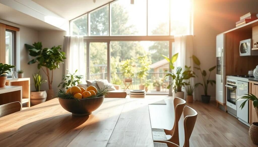 A serene, sustainable home interior showcasing eco-friendly features, with a focus on natural materials like reclaimed wood and bamboo. In the foreground, a stylish wooden dining table surrounded by chairs made from upcycled materials, adorned with a bowl of fresh fruits and greenery. In the middle, large windows filtering soft, warm sunlight, illuminating a living space with indoor plants and energy-efficient appliances. The background reveals a connection to the outdoors, with a view of a lush garden visible through the glass, fostering a sense of community and nature. The atmosphere is bright and airy, evoking a feeling of tranquility and comfort, captured using a wide-angle lens to enhance the spaciousness.
