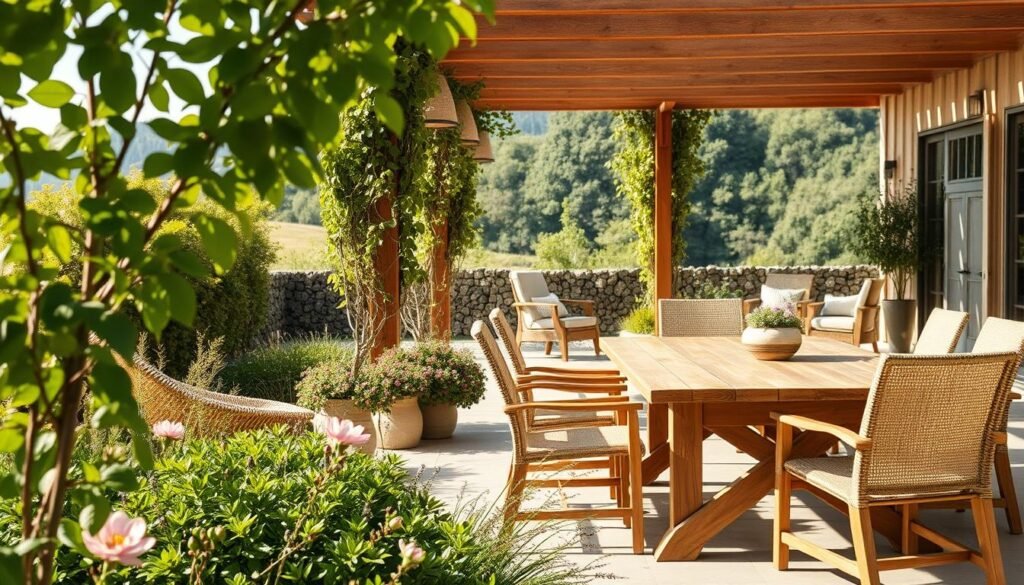 A serene sustainable outdoor patio scene featuring eco-friendly wooden furniture, such as a weathered teak dining table surrounded by comfortable, natural fiber chairs. In the foreground, a lush garden with native plants and flowers adds vibrant colors, while soft sunlight filters through the leaves, creating a warm, inviting atmosphere. The middle ground showcases a wooden pergola draped with climbing vines, enhancing the eco-friendly theme. In the background, a tranquil view of a nearby forest or greenery can be seen, complementing the sustainability concept. The lighting is bright and airy, emphasizing the textures of the wood and greenery. The overall mood is peaceful and inviting, perfect for relaxation and connection with nature.