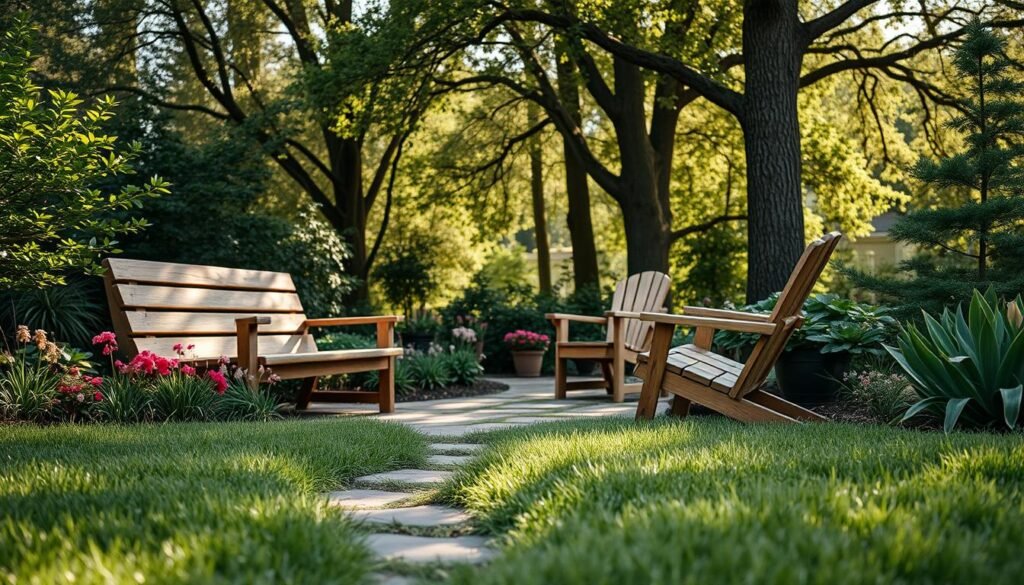 A serene wooden seating area nestled in a lush garden, featuring a rustic wooden bench and a couple of matching chairs surrounded by vibrant greenery. The foreground showcases soft grass and a few colorful flower beds gently swaying in the breeze. In the middle ground, a small stone path leads to the seating area, subtly enhancing the inviting atmosphere. The background reveals tall trees casting dappled sunlight, creating a peaceful haven for reflection. Soft, warm sunlight filters through the leaves, highlighting the natural textures of the wood while casting gentle shadows. The overall mood is calm and welcoming, encapsulating a perfect space for relaxation and contemplation, shot from eye level to emphasize the inviting composition.
