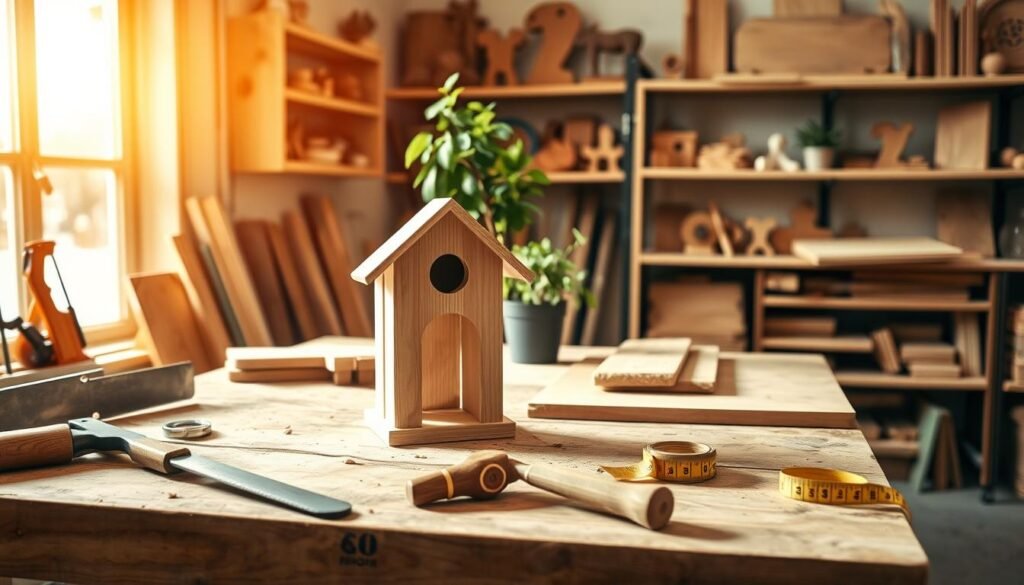 A serene woodworking scene showcasing simple DIY projects on a wooden workbench. In the foreground, a beautifully crafted, unfinished wooden birdhouse along with hand tools like a saw, chisel, and tape measure. The middle section features a well-organized workspace with wooden boards and a potted plant for a touch of nature. Bright, soft sunlight filters through a large window, casting gentle shadows and highlighting the natural wood grain. In the background, there are shelves with neatly arranged wooden projects and warm, earthy colors that create an inviting atmosphere. The mood is calm and creative, perfect for relaxation. Capture this image with a close-up angle, focusing on the craftsmanship and the simplicity of the woodworking process.