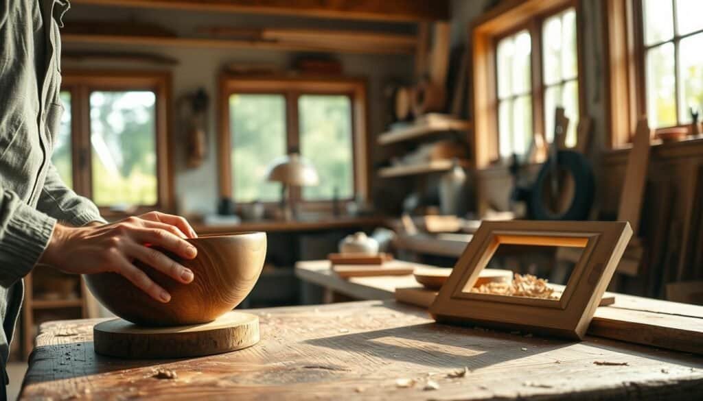 A serene woodworking workshop bathed in soft, natural sunlight streaming through large windows. In the foreground, a rustic wooden workbench holds half-finished projects like a handcrafted wooden bowl and an intricately designed picture frame, showcasing the rich textures and grains of the wood. A pair of hands, gently working with a chisel, are partially visible, clad in modest casual clothing, exuding a sense of focus and tranquillity. In the middle ground, shelves lined with various tools and wood shavings hint at a creative process in motion. The background reveals greenery outside the workshop, enhancing a peaceful atmosphere. The overall mood is calming and reflective, inviting viewers to connect with the therapeutic nature of woodworking, emphasizing mental clarity and mindfulness. The lighting creates warm highlights and soft shadows, adding depth and inviting warmth to the space.
