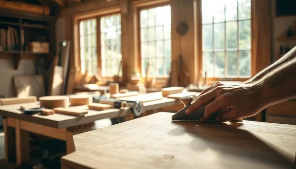 A serene woodworking workshop filled with natural light streaming through large windows. In the foreground, a close-up of a pair of hands skillfully planing a piece of smooth wood, showcasing the texture and grain. The middle shows an organized workbench with various woodworking tools, wooden blocks, and finished pieces, radiating a sense of calm and creativity. In the background, soft greenery can be seen outside the window, enhancing the tranquil atmosphere. The overall lighting is bright and warm, with soft sunlight casting gentle shadows, creating an inviting and peaceful ambiance. The mood is one of focus, relaxation, and the therapeutic benefits of engaging in woodworking.