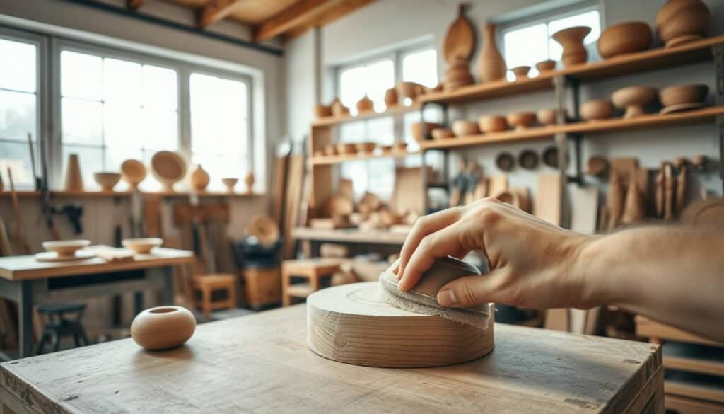 A serene woodworking workshop filled with various tools and wooden materials, showcasing a well-crafted wooden piece in progress on the workbench. In the foreground, a close-up of a hand gently sanding the surface of a smooth, polished wooden item, capturing the texture and grain detail. In the middle ground, shelves lined with handmade wooden crafts, such as bowls and furniture parts, radiate a sense of creativity. The background features large windows allowing soft natural light to flood the space, creating a warm and inviting atmosphere. The scene is bright and airy, emphasizing a peaceful working environment. The overall mood conveys tranquility and inspiration, perfect for someone seeking a calming woodwork project.
