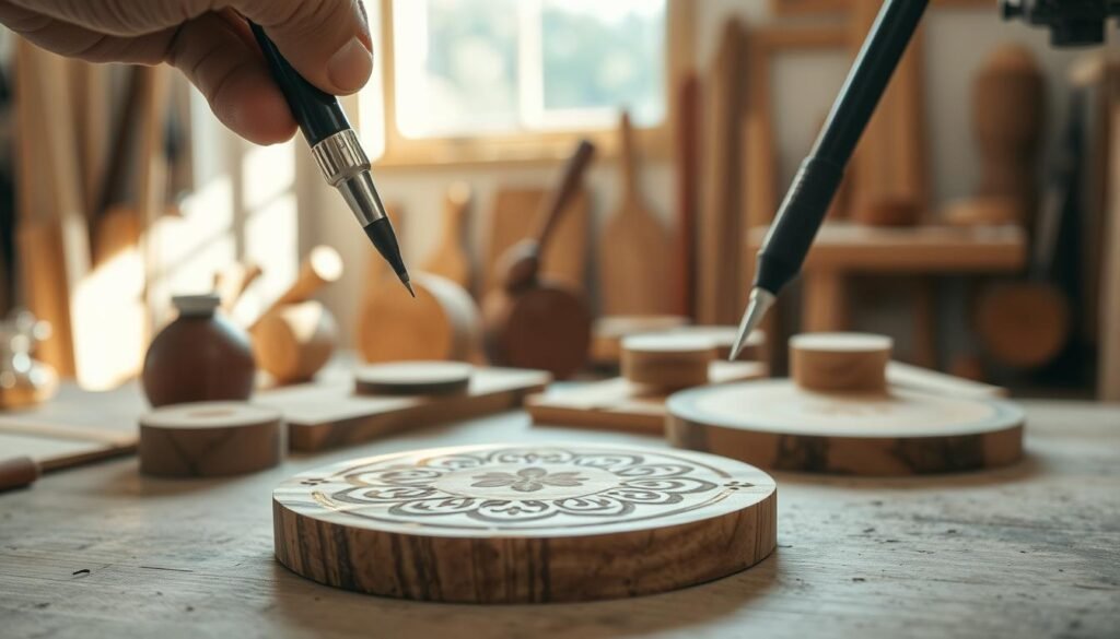 A serene woodworking workshop setting, showcasing various wood burning techniques with a focus on a beautifully crafted wooden item in the foreground. The scene includes a close-up of an artist’s hand holding a wood burning tool, creating intricate designs on a smooth, polished wooden surface. In the middle ground, neatly arranged tools and wood pieces provide a sense of organization and purpose. The background features soft, natural light streaming through a window, illuminating the workshop's rustic charm with warm hues. Capturing a peaceful atmosphere, the image evokes a sense of creativity and personal connection, perfect for DIY enthusiasts. Use a shallow depth of field to gently blur the background, emphasizing the detailed craftsmanship of wood burning. The overall feel is inviting and inspiring, with a focus on simplicity in wood projects.