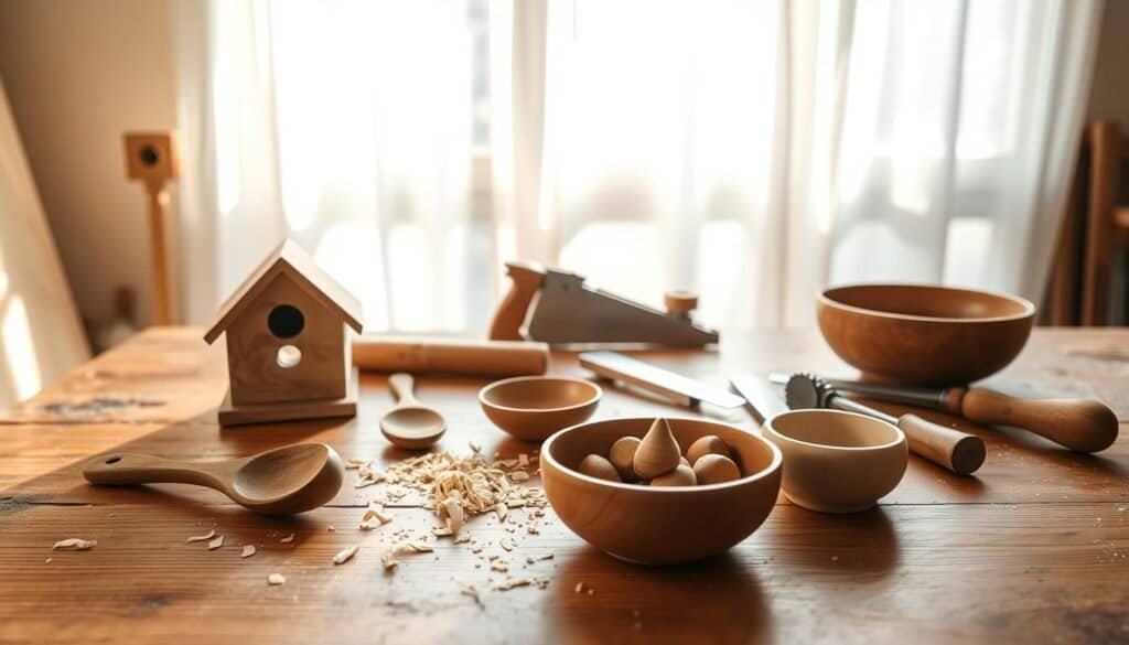 A serene woodworking workspace set against a softly lit backdrop. In the foreground, a polished wooden table displays simple handcrafted wooden projects such as a small birdhouse, a wooden spoon, and a meditation bowl, each showcasing fine detail and craftsmanship. In the middle ground, tools like a hand saw and chisels are neatly arranged, with shavings scattered artfully around, emphasizing a calm and productive atmosphere. The background features a sunlit window with sheer curtains, allowing soft natural light to filter in, creating a warm and inviting ambiance. The scene conveys tranquility and focus, making it an ideal space for engaging in meditative woodworking activities. The overall mood is peaceful and inspiring, perfect for conveying the joys of creating with wood.