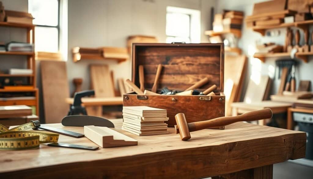 A serene workshop scene showcasing essential tools for beginner woodworkers. In the foreground, a sturdy wooden workbench is laden with a tape measure, hand saw, wood chisel set, square, and sandpaper neatly arranged. An elegant, polished hammer rests next to a small stack of various types of wood planks. In the middle, a vintage wooden tool chest displays its open lid revealing an assortment of tools, with sunlight streaming in from a nearby window. The background features a bright, airy workshop with walls adorned with shelves of neatly organized materials, bathed in soft, natural light creating a warm and inviting atmosphere. The composition evokes a sense of inspiration and readiness for DIY projects.