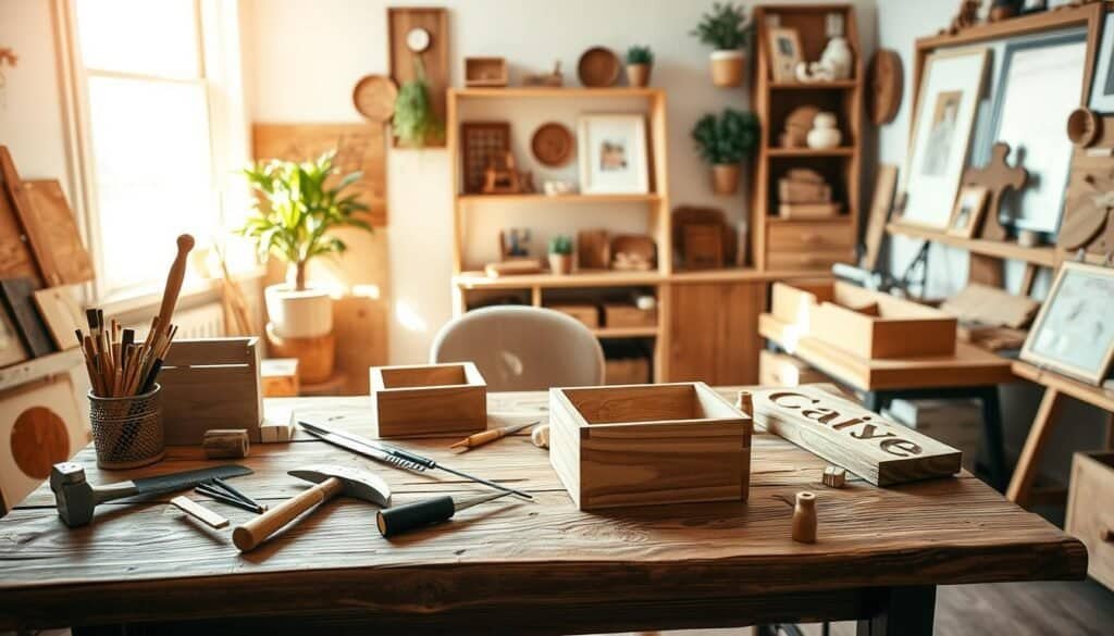 A serene workspace featuring various easy DIY projects, showcasing simple wooden crafts and home décor. In the foreground, a rustic wooden table is adorned with tools like a hammer, saw, and paintbrushes, alongside partially assembled projects such as a wooden planter and a hand-painted sign. In the middle ground, a cozy, well-organized shelf displays completed items like small decorative boxes and picture frames, all made from natural materials. The background reveals a bright window allowing soft, natural sunlight to flood the room, accentuating the warm tones of the wood. The overall atmosphere is inviting and creative, highlighting the beauty of simplicity and the joy of crafting. The image evokes a feeling of calm and inspiration, with a focus on artistry and home comfort.