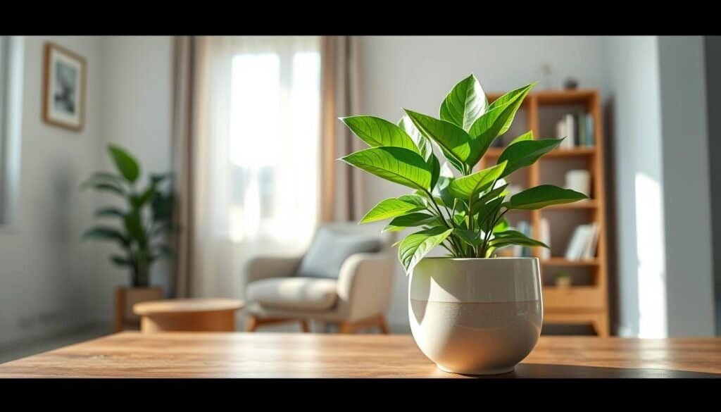 A single, vibrant green plant sits elegantly in a modern ceramic pot on a wooden table in a well-lit living room. In the foreground, the plant features lush, broad leaves, glistening with tiny droplets of water, capturing soft sunlight. The middle of the scene showcases a cozy armchair and a light, airy curtain gently fluttering with a breeze from a nearby window, highlighting the plant as the focal point. In the background, a minimalistic bookshelf filled with books and a small decorative item adds a homely touch. The overall lighting is bright and natural, casting soft shadows and creating a warm, inviting atmosphere, emphasizing the peace and tranquility that one well-placed plant can bring to a room.