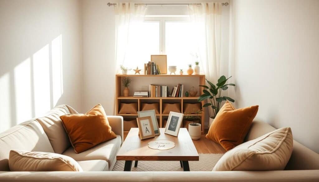 A small, neutral apartment living room featuring a cozy arrangement of furniture. In the foreground, there is a soft beige sofa adorned with throw pillows in muted earth tones. A wooden coffee table is placed centrally, displaying a few meaningful items like a picture frame and a small potted plant. In the middle ground, a shelf holds curated books and decorative objects, reflecting personal stories. The walls are painted in soft white, enhancing the airy atmosphere. The background features a window with sheer curtains, allowing natural light to flood the room, casting gentle shadows. The scene is captured at a slight angle to create depth, with bright, diffused sunlight contributing to a warm and inviting mood. Soft textures and a minimalist approach convey comfort and serenity.