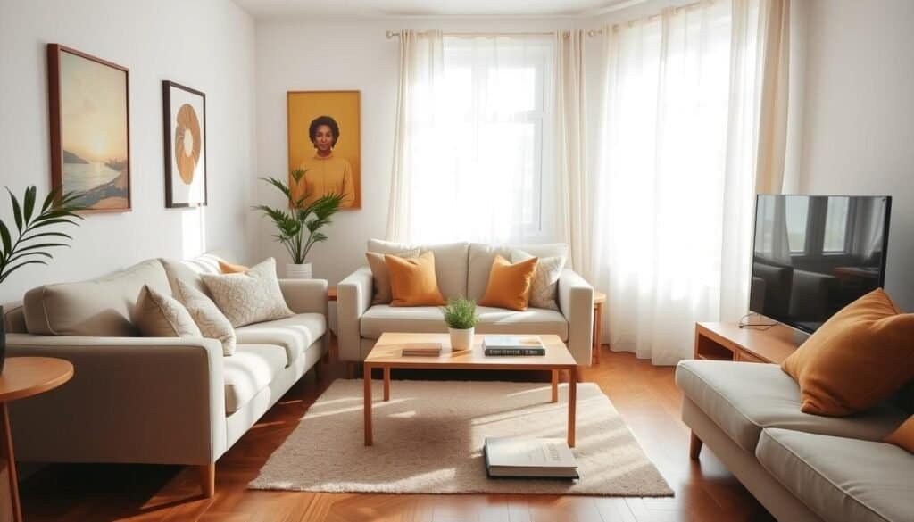 A small neutral living room apartment designed for shared spaces, featuring a cozy arrangement of light-colored furniture, such as a soft beige sofa with textured throw pillows. The foreground includes a simple wooden coffee table adorned with a small potted plant and a few books. In the middle ground, there are tasteful artworks on the walls, showcasing warm tones like terracotta and subdued yellows, adding to the inviting atmosphere. The background reveals a window dressed with sheer curtains, allowing bright, natural light to fill the space, highlighting polished wooden floors. The overall mood is warm and airy, emphasizing comfort and tranquility, perfect for fostering connection without feeling cluttered. Soft sunlight creates a gentle ambiance, enhancing the room's inviting character.