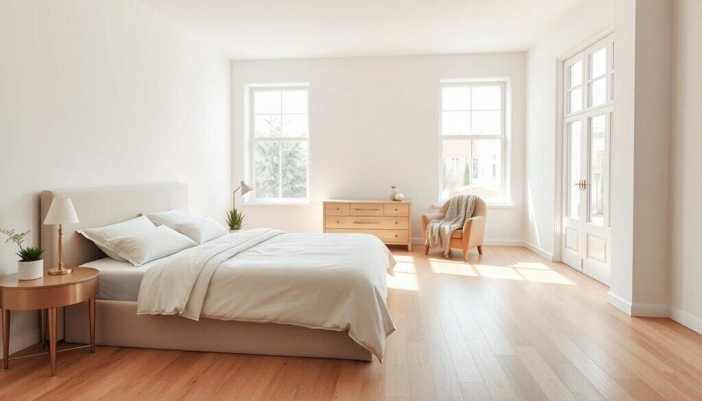 A spacious, cozy bedroom designed with minimalist furniture to enhance openness. In the foreground, a neatly made queen-sized bed with soft, neutral-colored linens and an elegant headboard. A small, round nightstand on one side features a stylish lamp and a potted plant. In the middle, a light wood dresser against the wall, strategically placed to create flow. A comfortable reading chair in a muted tone sits in the corner with a cozy throw draped over it. The background showcases large windows letting in soft, natural sunlight, illuminating the airy space. The flooring is a light wood, contributing to a warm, inviting atmosphere. The overall mood is serene and uncluttered, emphasizing spaciousness and functionality. Use a wide-angle lens to capture the entirety of the room, ensuring a bright and airy composition with soft shadows.