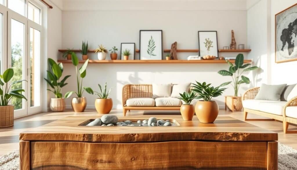 A spacious living room filled with natural elements in home design, featuring a beautiful wooden coffee table made of reclaimed wood in the foreground, adorned with decorative stones and a small water feature. In the middle, large windows let in bright, soft sunlight, highlighting indoor plants in stylish pots, while a cozy wicker chair adds warmth. The background showcases a minimalist wall with wooden shelves displaying botanical art and natural materials like stone and driftwood. The overall atmosphere is serene and inviting, emphasizing a connection with nature, enhanced by gentle, airy lighting that creates a calm and relaxing environment. The scene should have a realistic style, capturing the essence of nature in modern home décor.