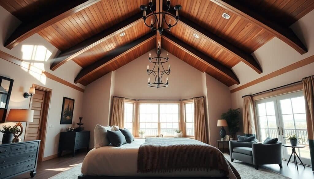 A spacious master bedroom featuring a stunning cathedral ceiling, adorned with wooden beams and elegant light fixtures. In the foreground, a beautifully made king-sized bed with plush pillows and a cozy woven throw. To one side, a minimalist nightstand with a stylish lamp and a potted plant, enhancing the aesthetic appeal. The middle ground showcases an inviting seating area with a stylish armchair and small coffee table, bathed in soft natural light filtering through large windows. The rich colors of the decor and furnishings create a warm and welcoming atmosphere. In the background, the vaulted ceiling stretches upward, emphasizing the spaciousness, with gentle sunlight streaming in, creating a serene and uplifting mood. This image captures the essence of finding the right piece to complete a personal aesthetic in a refined and inviting space.